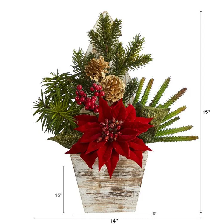 15" Poinsettia, Cactus and Succulent Artificial Arrangement in Christmas Tree Planter