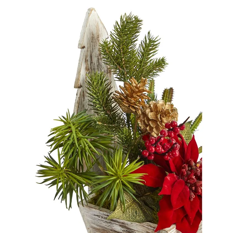 15" Poinsettia, Cactus and Succulent Artificial Arrangement in Christmas Tree Planter