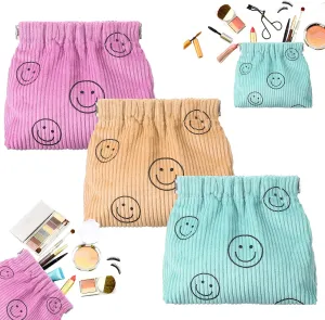 3 Pcs Preppy Corduroy Elastic Cosmetic Bag Smile Face Corduroy Elastic Hair Tie Organizer Coin Purse for Woman Smile Cosmetic Bag for Woman Coin Purse Makeup Organizer(Pink, Yellow, Green)