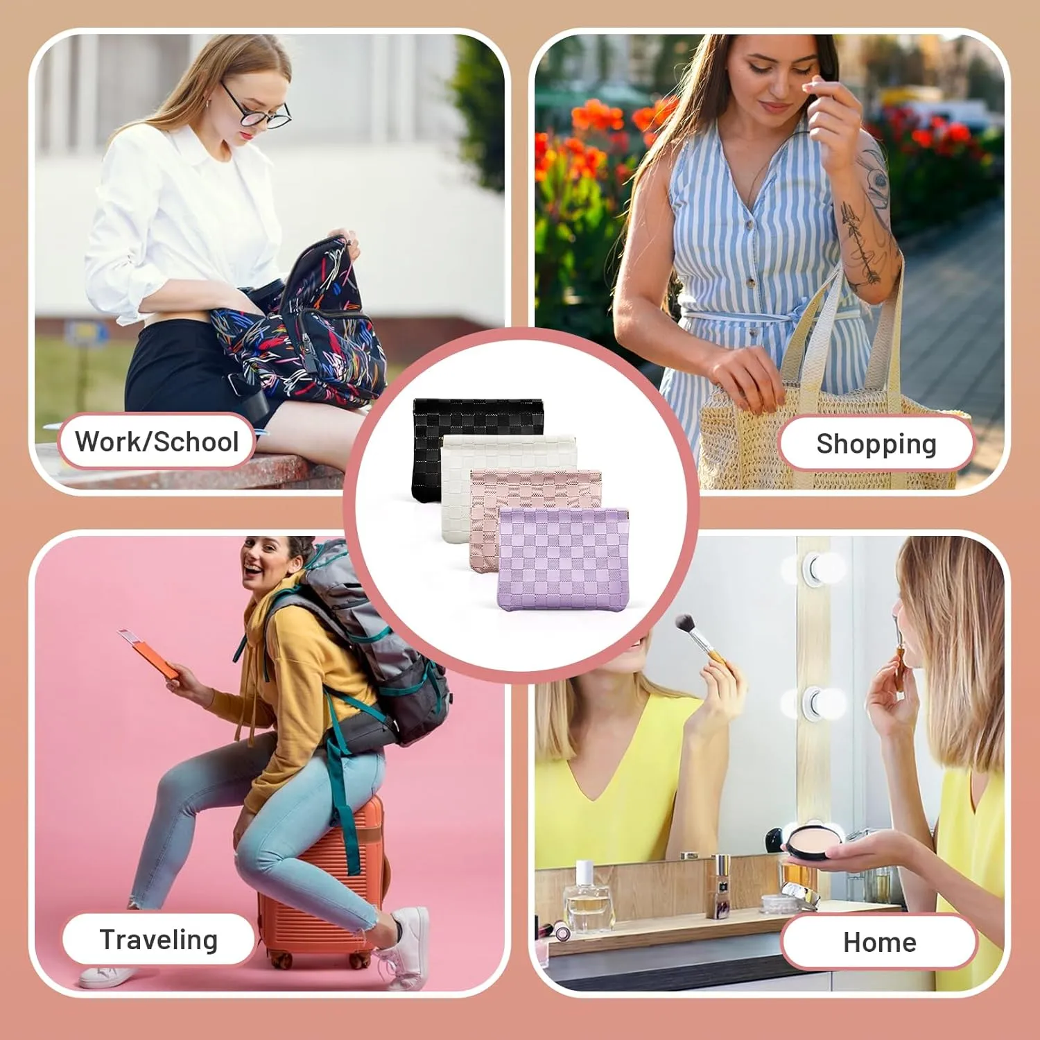 7.09x5.51 Small Pouches for Purse, New 4PCS Checkered Magnetic Mini Makeup Bag, Purse Organizers for Inside Large Storages, Organize Cosmetic, Lipstick, Jewelry, Coins in Women's Handbag