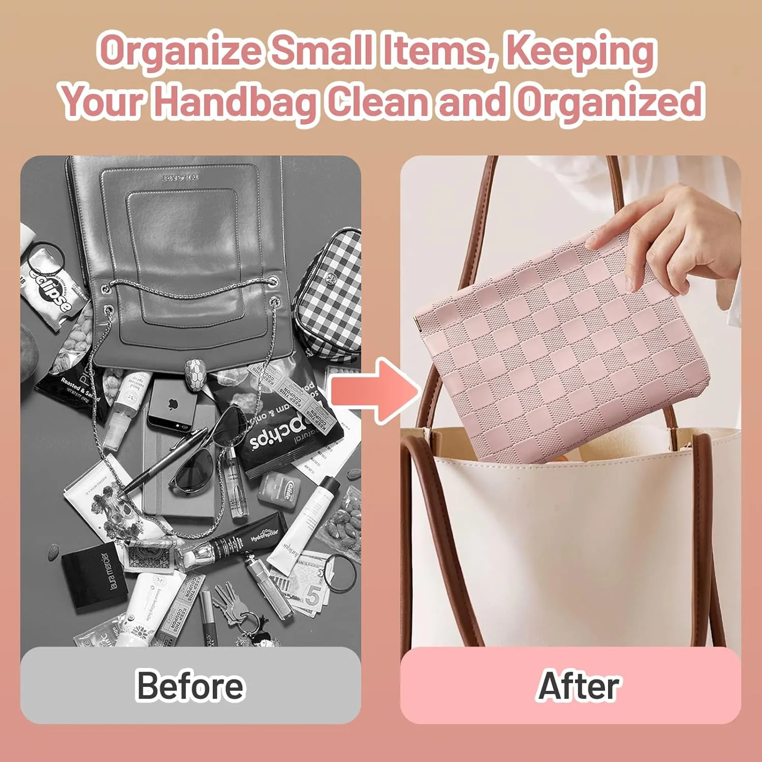 7.09x5.51 Small Pouches for Purse, New 4PCS Checkered Magnetic Mini Makeup Bag, Purse Organizers for Inside Large Storages, Organize Cosmetic, Lipstick, Jewelry, Coins in Women's Handbag