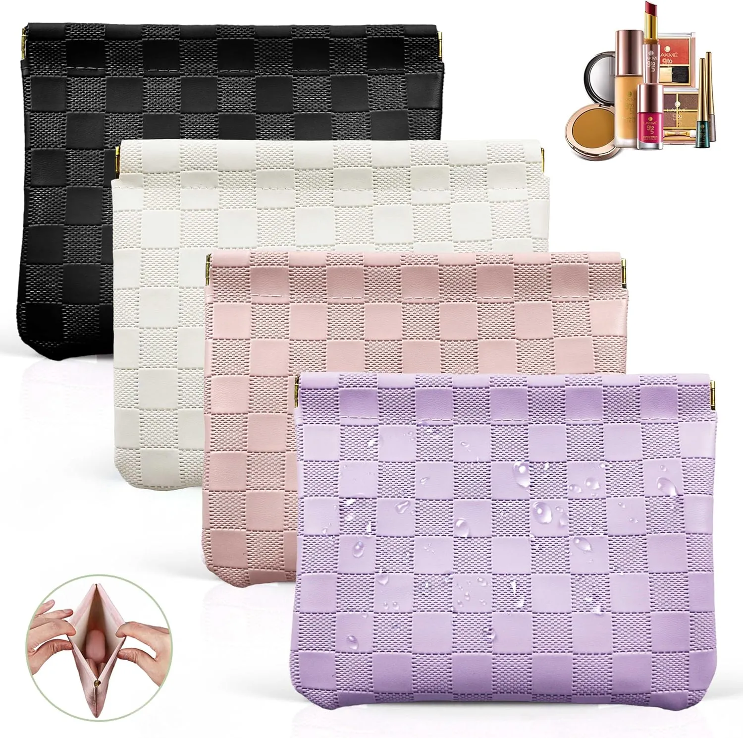 7.09x5.51 Small Pouches for Purse, New 4PCS Checkered Magnetic Mini Makeup Bag, Purse Organizers for Inside Large Storages, Organize Cosmetic, Lipstick, Jewelry, Coins in Women's Handbag