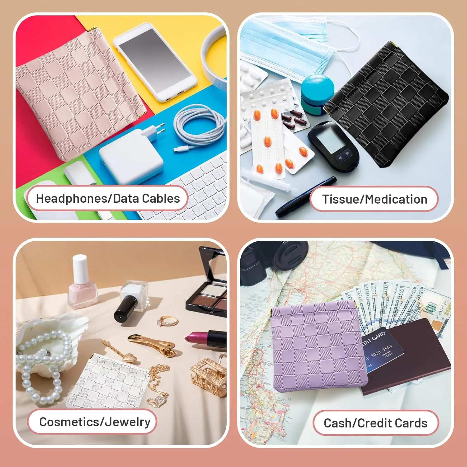 7.09x5.51 Small Pouches for Purse, New 4PCS Checkered Magnetic Mini Makeup Bag, Purse Organizers for Inside Large Storages, Organize Cosmetic, Lipstick, Jewelry, Coins in Women's Handbag