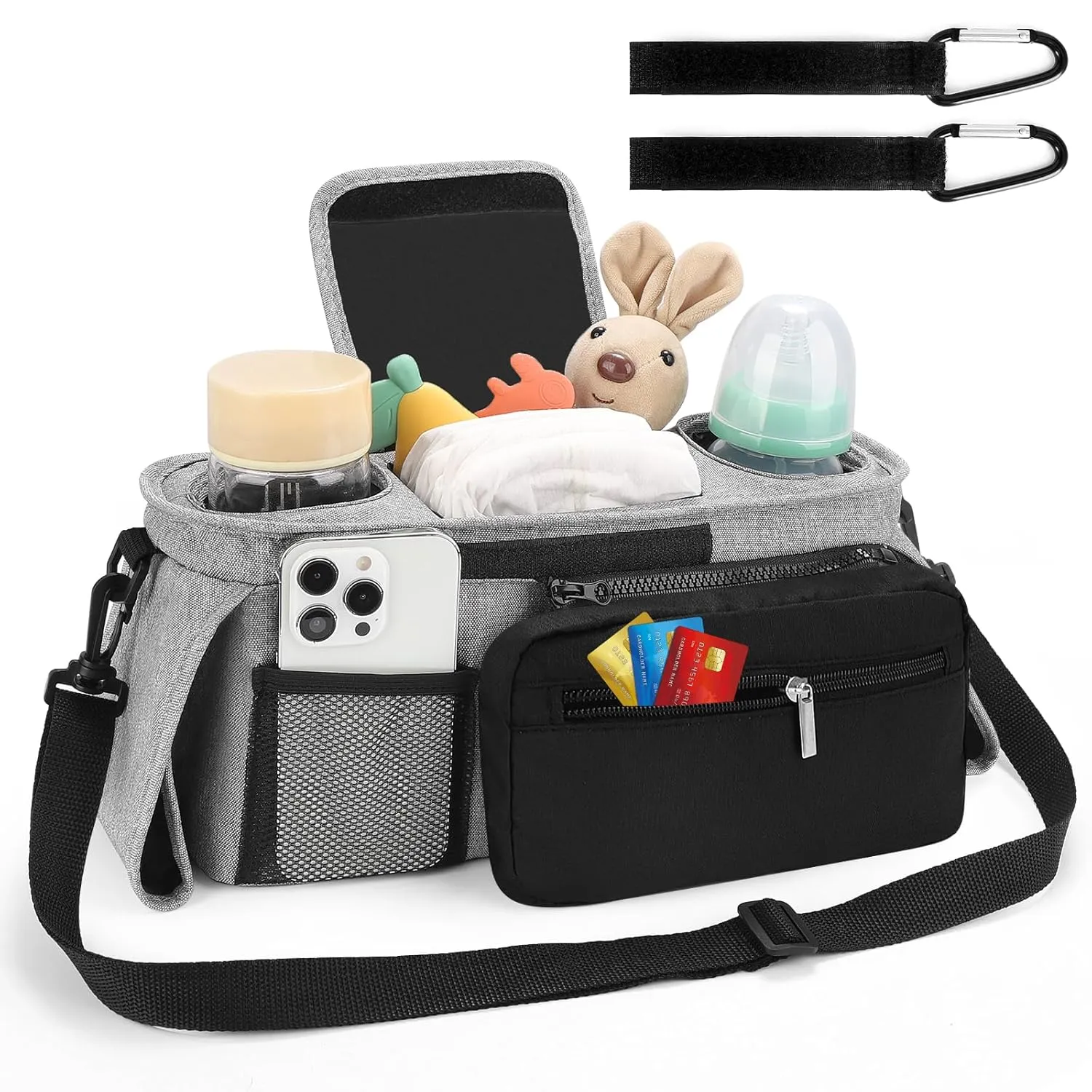 Accmor Universal Stroller Organizer with Insulated Cup Holders, Detachable Phone Bag and Shoulder Strap, Fits Uppababy, Baby Jogger, Britax Strollers, Grey   Black Pocket