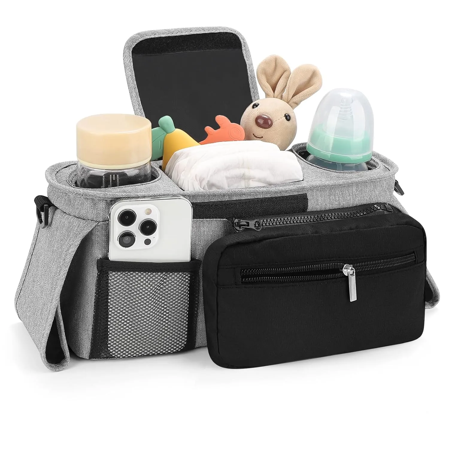 Accmor Universal Stroller Organizer with Insulated Cup Holders, Detachable Phone Bag and Shoulder Strap, Fits Uppababy, Baby Jogger, Britax Strollers, Grey   Black Pocket