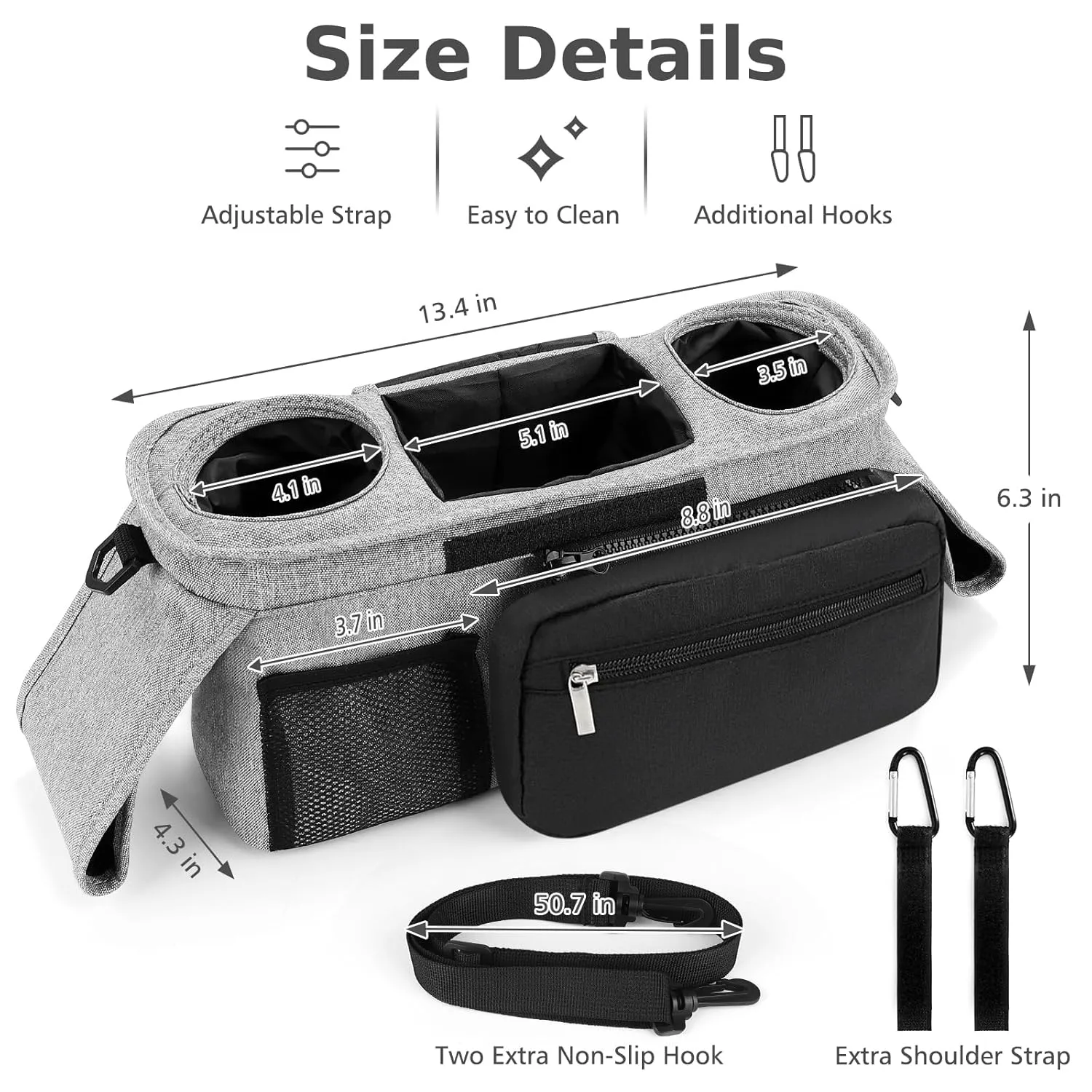 Accmor Universal Stroller Organizer with Insulated Cup Holders, Detachable Phone Bag and Shoulder Strap, Fits Uppababy, Baby Jogger, Britax Strollers, Grey   Black Pocket