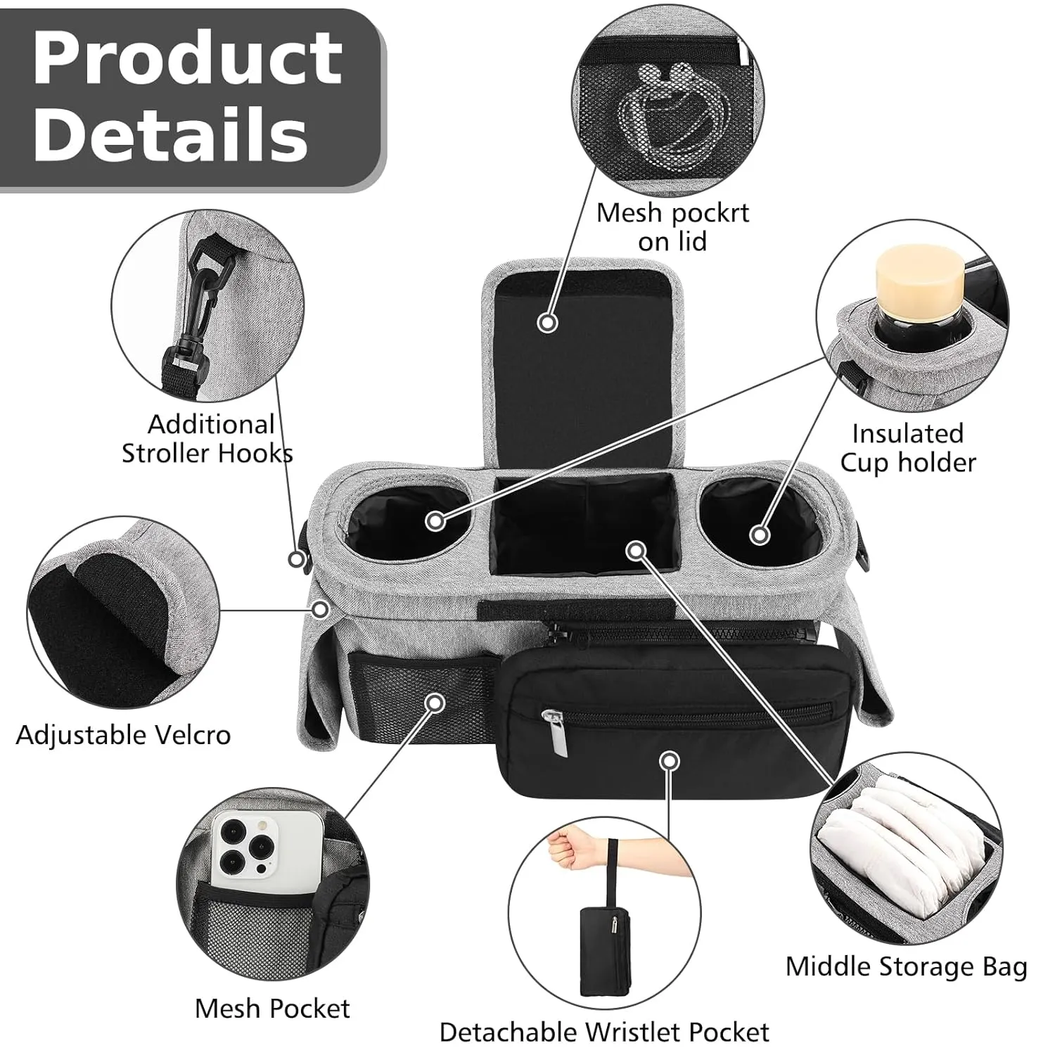 Accmor Universal Stroller Organizer with Insulated Cup Holders, Detachable Phone Bag and Shoulder Strap, Fits Uppababy, Baby Jogger, Britax Strollers, Grey   Black Pocket