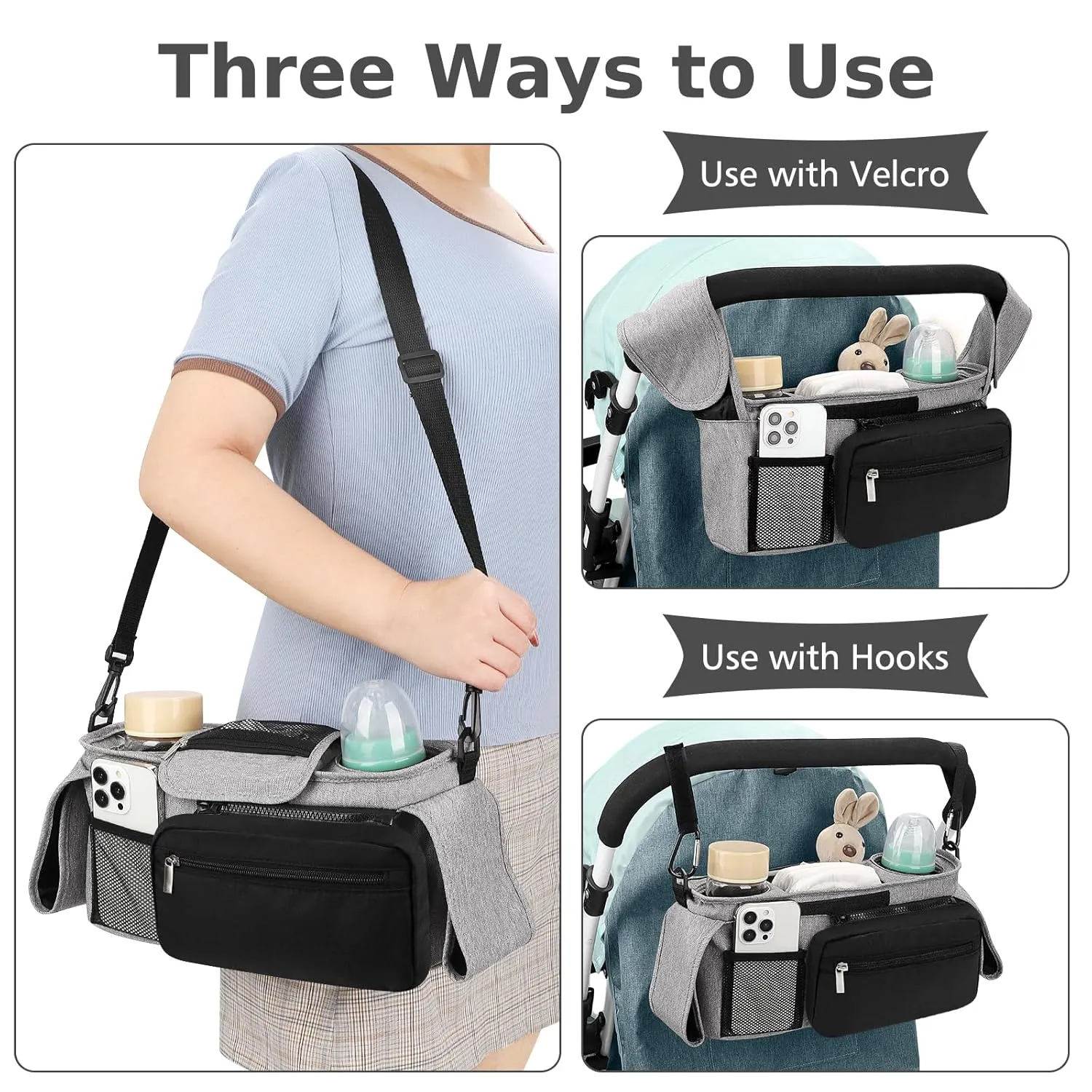 Accmor Universal Stroller Organizer with Insulated Cup Holders, Detachable Phone Bag and Shoulder Strap, Fits Uppababy, Baby Jogger, Britax Strollers, Grey   Black Pocket