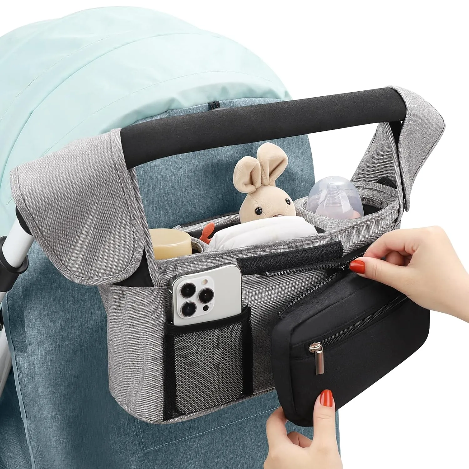 Accmor Universal Stroller Organizer with Insulated Cup Holders, Detachable Phone Bag and Shoulder Strap, Fits Uppababy, Baby Jogger, Britax Strollers, Grey   Black Pocket