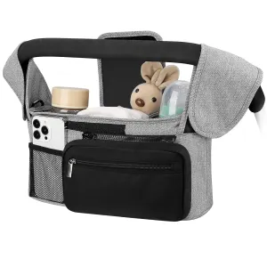 Accmor Universal Stroller Organizer with Insulated Cup Holders, Detachable Phone Bag and Shoulder Strap, Fits Uppababy, Baby Jogger, Britax Strollers, Grey   Black Pocket