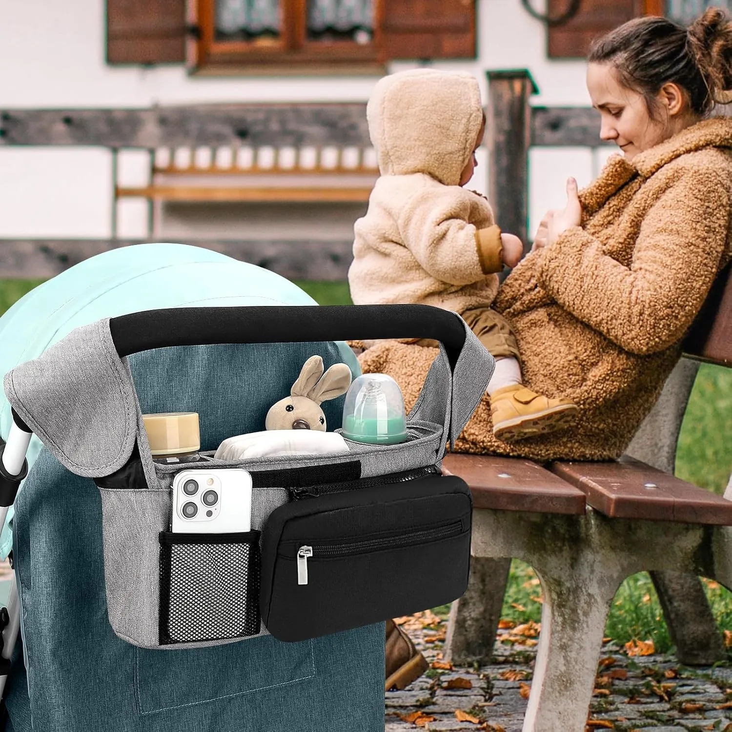 Accmor Universal Stroller Organizer with Insulated Cup Holders, Detachable Phone Bag and Shoulder Strap, Fits Uppababy, Baby Jogger, Britax Strollers, Grey   Black Pocket