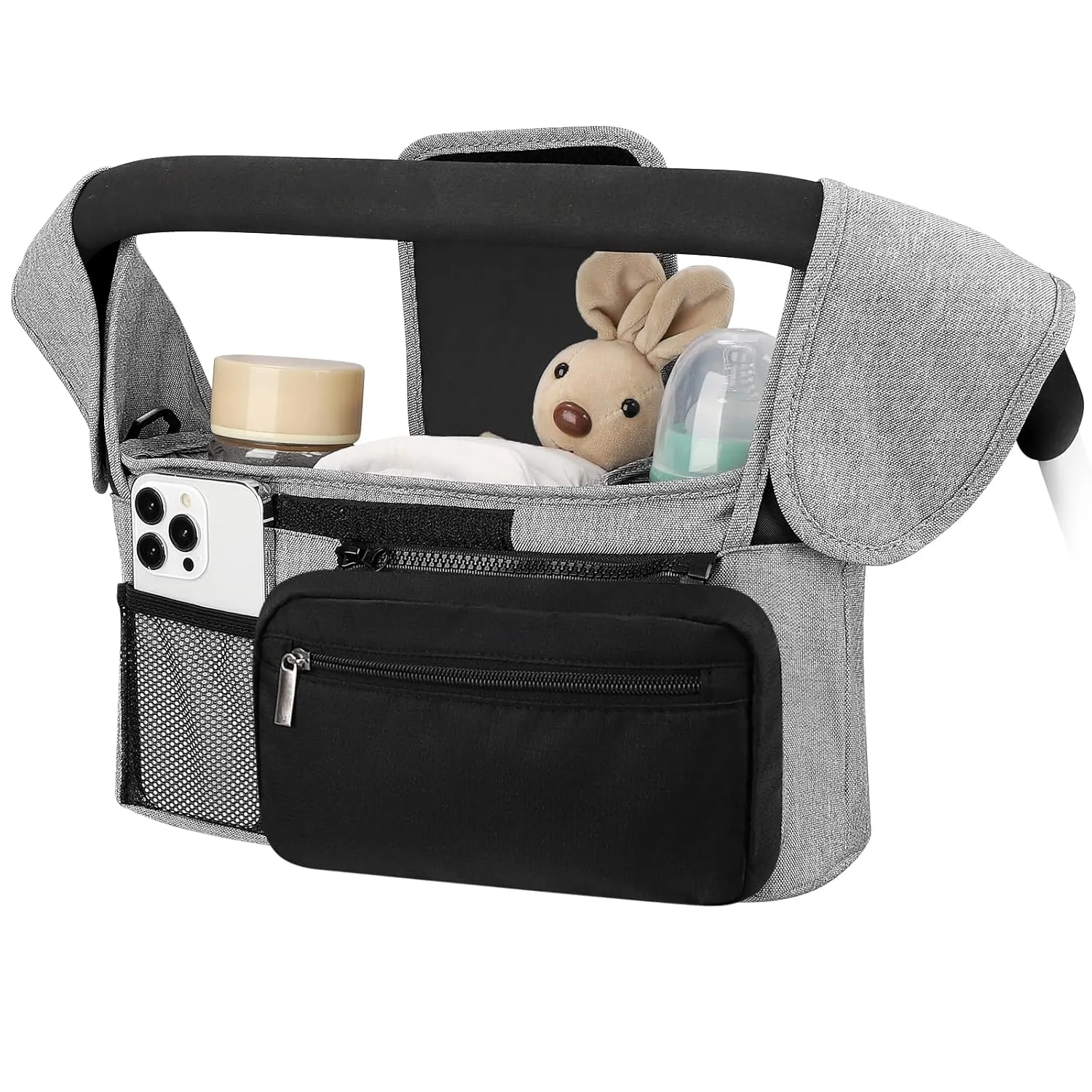 Accmor Universal Stroller Organizer with Insulated Cup Holders, Detachable Phone Bag and Shoulder Strap, Fits Uppababy, Baby Jogger, Britax Strollers, Grey   Black Pocket