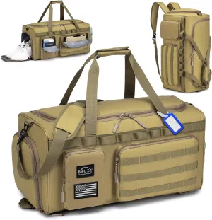 BAGZY 3 In 1 Military Tactical Gym Bag for Men Sports Duffle Bag 55L with Shoe Compartment Travel Backpack for Fitness Weekender Overnight Workout Khaki