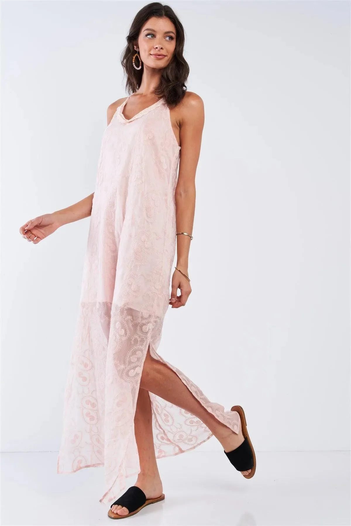 Blush Pink Boho Chic Embroidered Sleeveless V-Neck Festival Maxi Dress /1-2-2-1