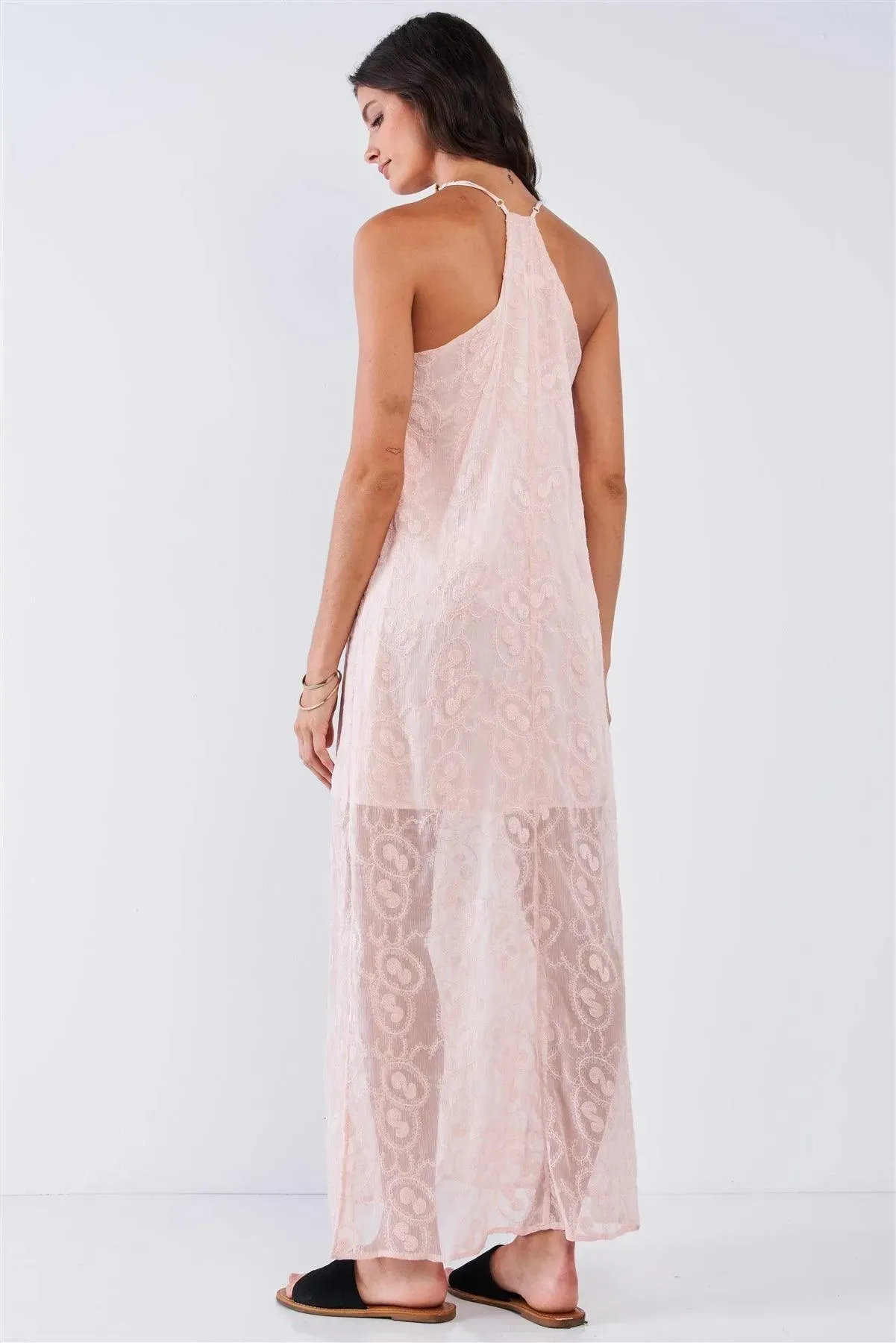 Blush Pink Boho Chic Embroidered Sleeveless V-Neck Festival Maxi Dress /1-2-2-1