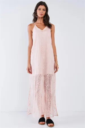 Blush Pink Boho Chic Embroidered Sleeveless V-Neck Festival Maxi Dress /1-2-2-1