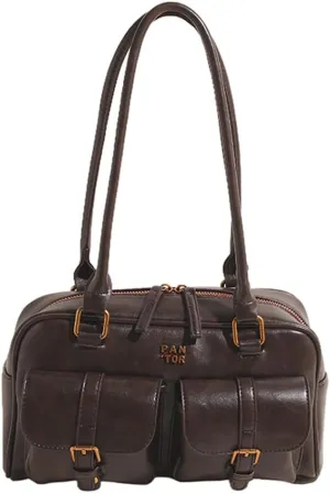 Boston Tote Bag for Women with Multi-Pockets Underarm Bag PU Leather Vintage Handbag Clutch Purse for Travel Work