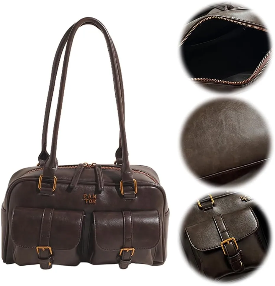 Boston Tote Bag for Women with Multi-Pockets Underarm Bag PU Leather Vintage Shoulder Bag Clutch Purse for Travel Wo