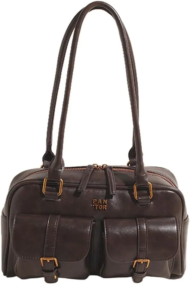 Boston Tote Bag for Women with Multi-Pockets Underarm Bag PU Leather Vintage Shoulder Bag Clutch Purse for Travel Wo