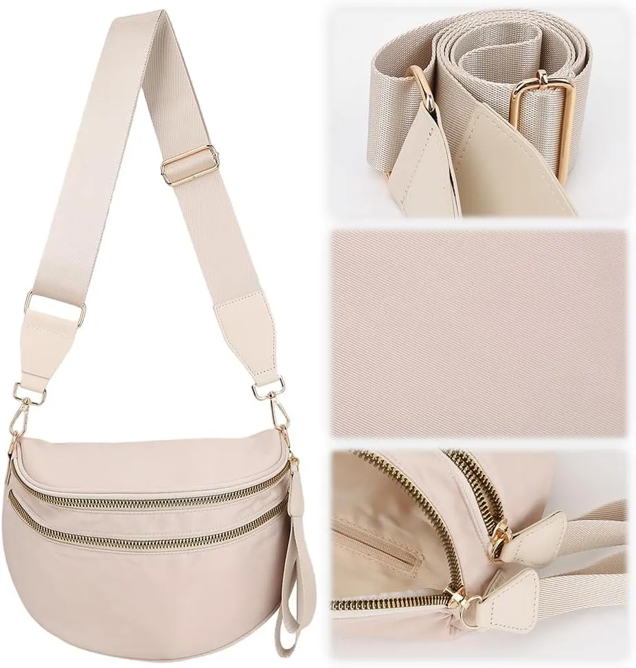 Bum Bags for Women Nylon Crossbody Bag Solid Spacious Cresent Sling Belt Half Moon Purse with Adjustable Strap Trendy Satchel