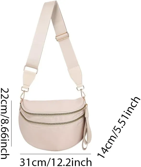 Bum Bags for Women Nylon Crossbody Bag Solid Spacious Cresent Sling Belt Half Moon Purse with Adjustable Strap Trendy Satchel