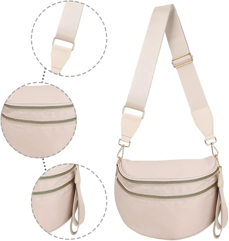 Bum Bags for Women Nylon Crossbody Bag Solid Spacious Cresent Sling Belt Half Moon Purse with Adjustable Strap Trendy Satchel