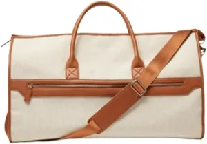 Capri 2-n-1 Garment & Duffel Bag, white w/brown trim - Convertible, Carry-On, Travel, Hangable, Protect Shoes, Versatile Suitcase, Hanging Bag, Heavy Duty, For Suits, Tuxedos, Dresses - Brouk & Co