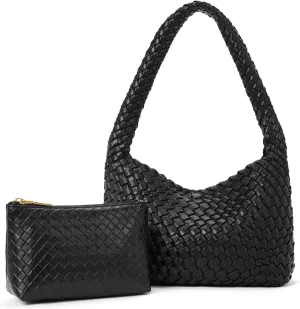 CLUCI Woven Shoulder Bag for Women, Vegan Leather Purse Tote Handbag 2PS