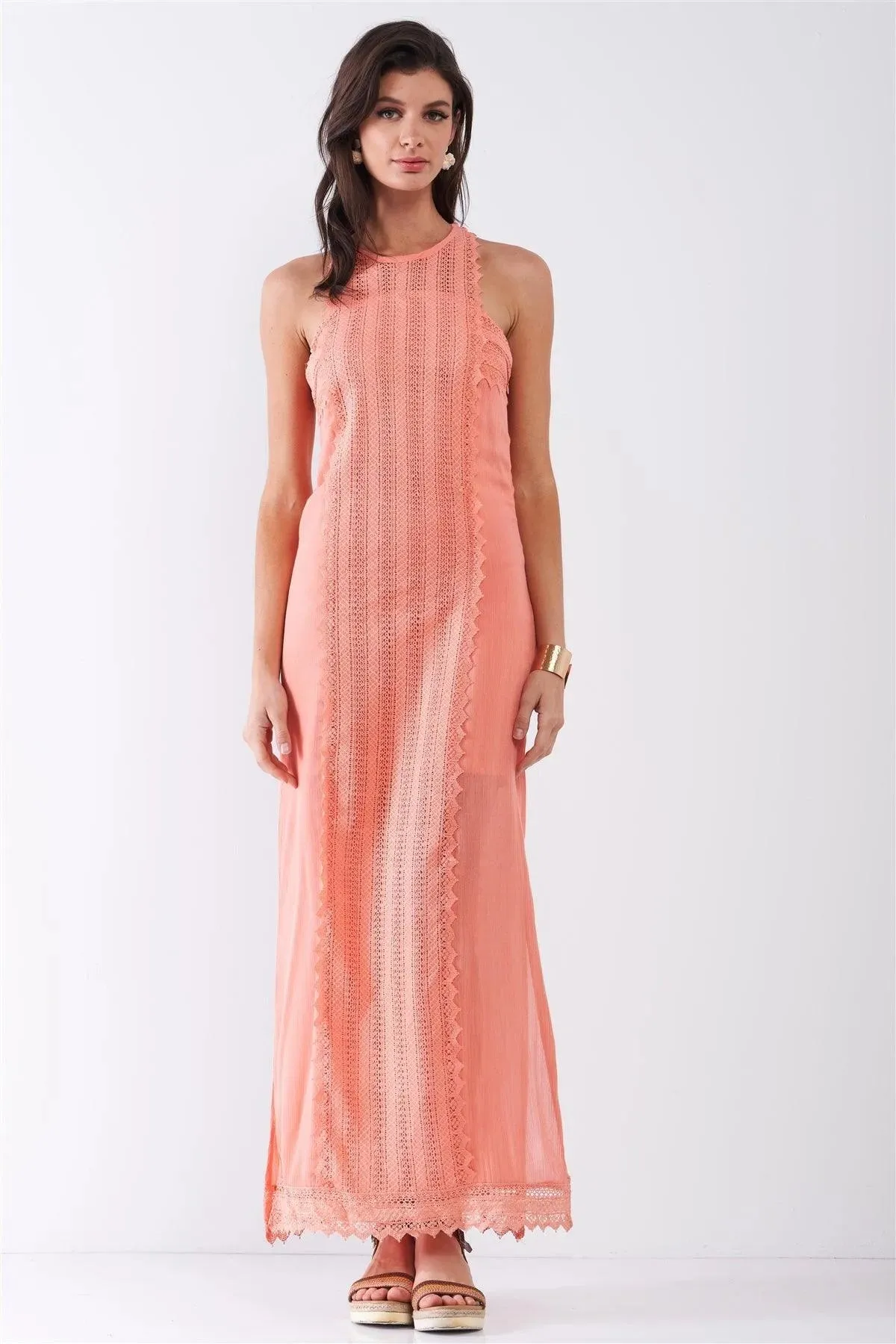 Coral Boho Chic Crochet Embroidery Trim Sleeveless Round Neck Slit Detail Straight Maxi Dress /2-2-2