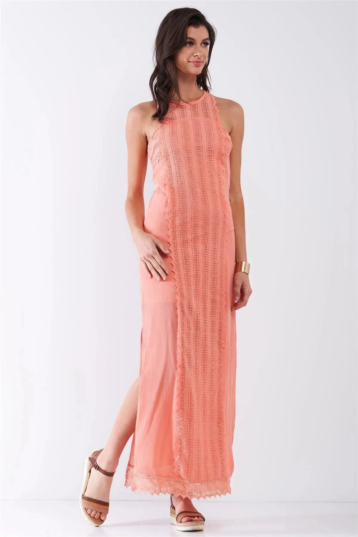 Coral Boho Chic Crochet Embroidery Trim Sleeveless Round Neck Slit Detail Straight Maxi Dress /2-2-2
