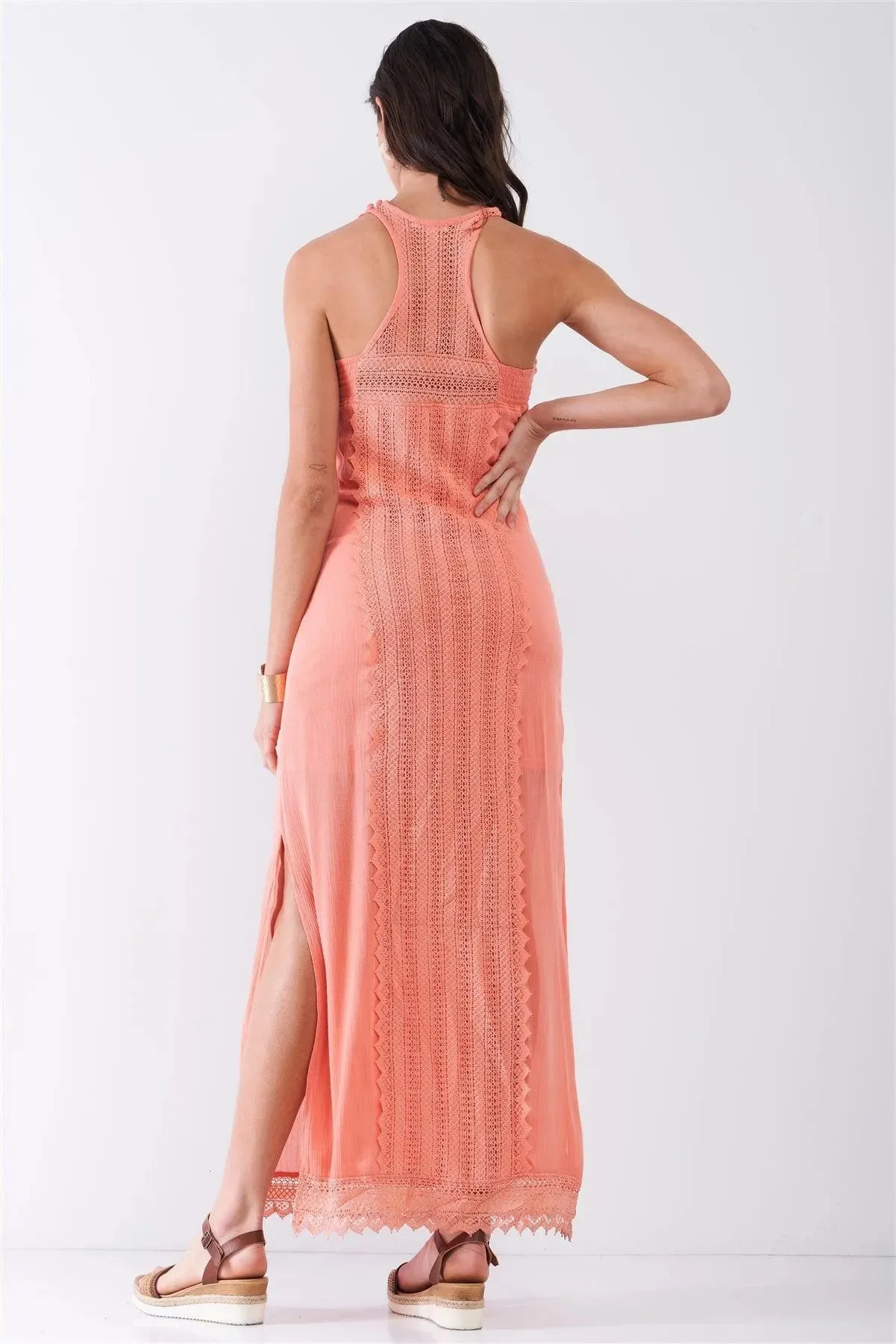 Coral Boho Chic Crochet Embroidery Trim Sleeveless Round Neck Slit Detail Straight Maxi Dress /2-2-2