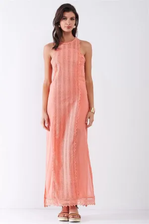 Coral Boho Chic Crochet Embroidery Trim Sleeveless Round Neck Slit Detail Straight Maxi Dress /2-2-2