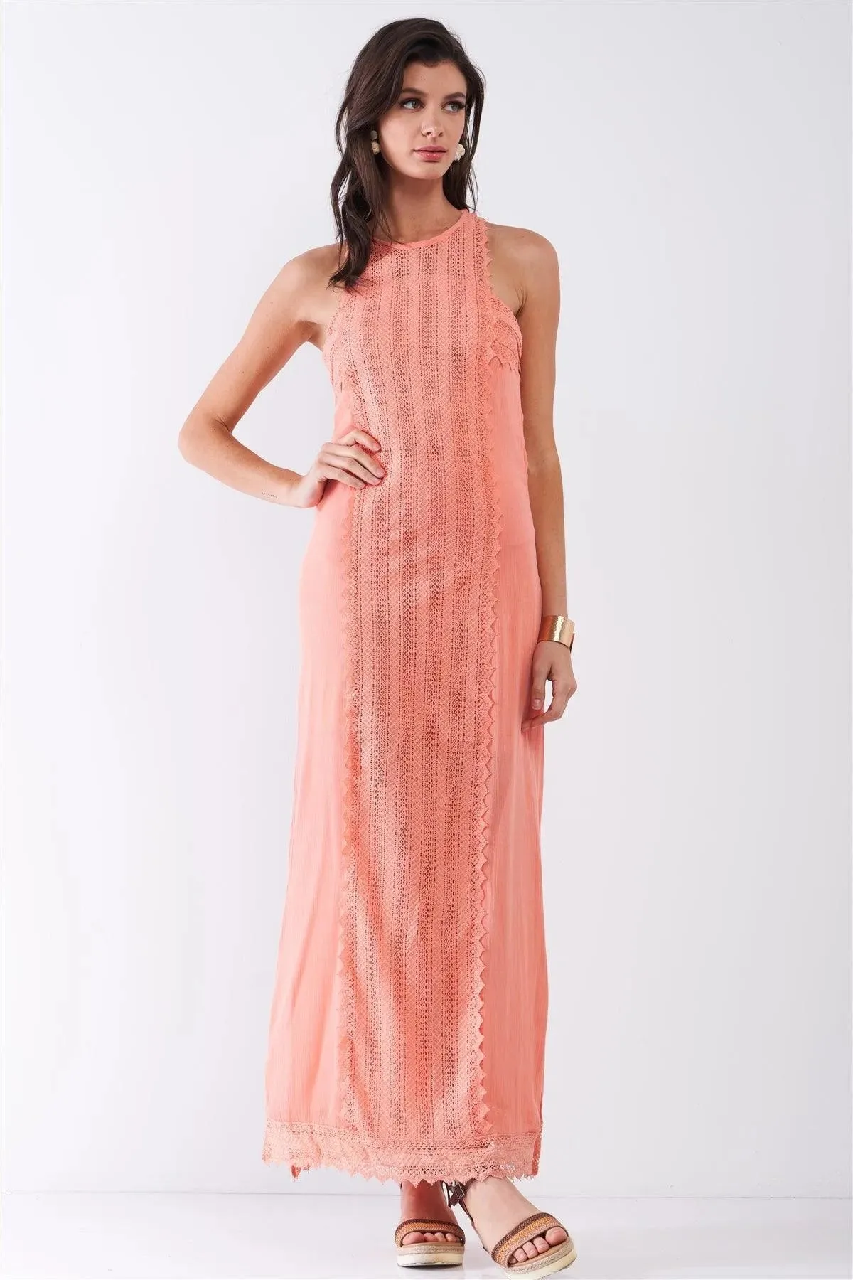 Coral Boho Chic Crochet Embroidery Trim Sleeveless Round Neck Slit Detail Straight Maxi Dress /2-2-2