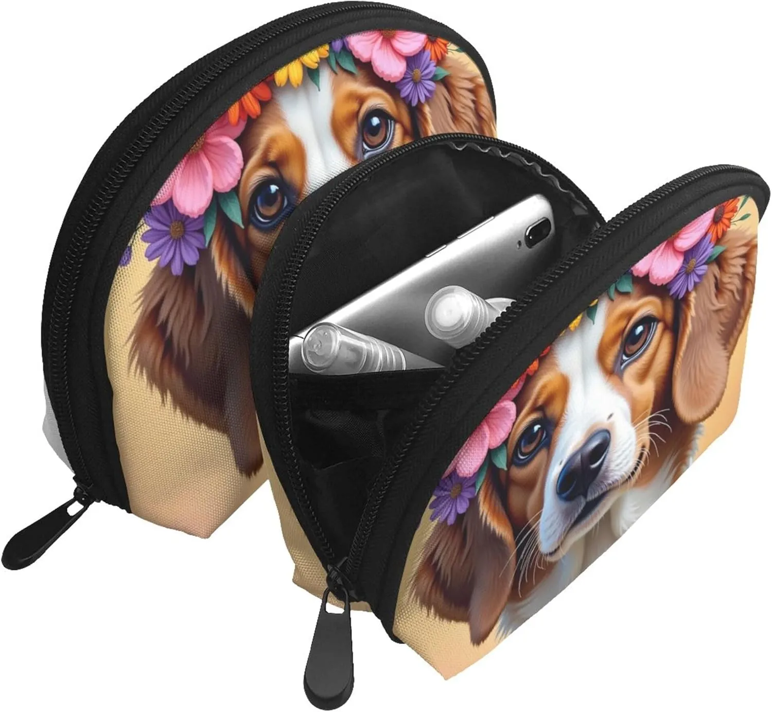 Cosmetic Case Zipper Coin Pouch Compatible with A Cute Dog With Wreath, Makeup Bag with Zipper Closure