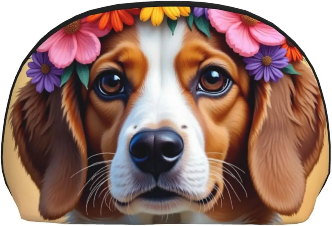 Cosmetic Case Zipper Coin Pouch Compatible with A Cute Dog With Wreath, Makeup Bag with Zipper Closure