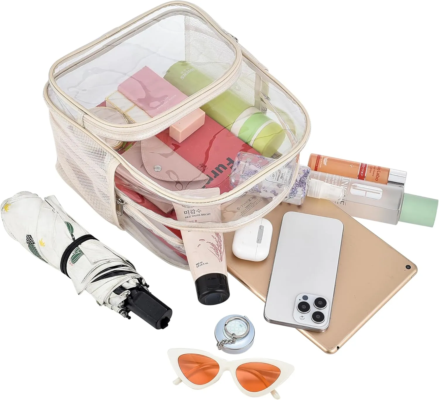 Cream Clear Event Backpack 12x12x6 with Front Pocket, Women's Fashion, Multi-Sport, 11.5"L x 9.5"W x 6"H
