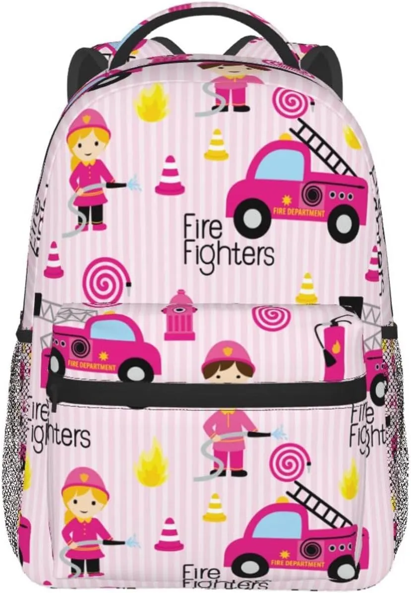 Cute Pink Firefighter Girl Girly Backpack For School Laptop Bags Bookbag Big Casual Daypack For Student Girls Boys Kids Teens Travel Sports Work