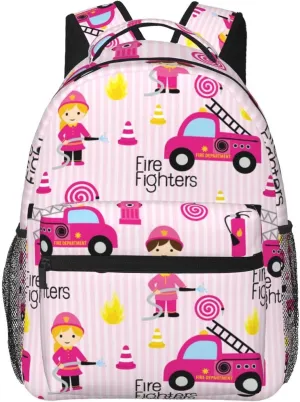 Cute Pink Firefighter Girl Girly Backpack For School Laptop Bags Bookbag Big Casual Daypack For Student Girls Boys Kids Teens Travel Sports Work