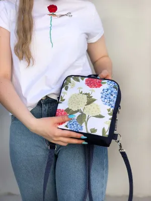 Designer Floral Backpack, Round Vegan Boho Shoulder Bag, Womens Small Designer Bag