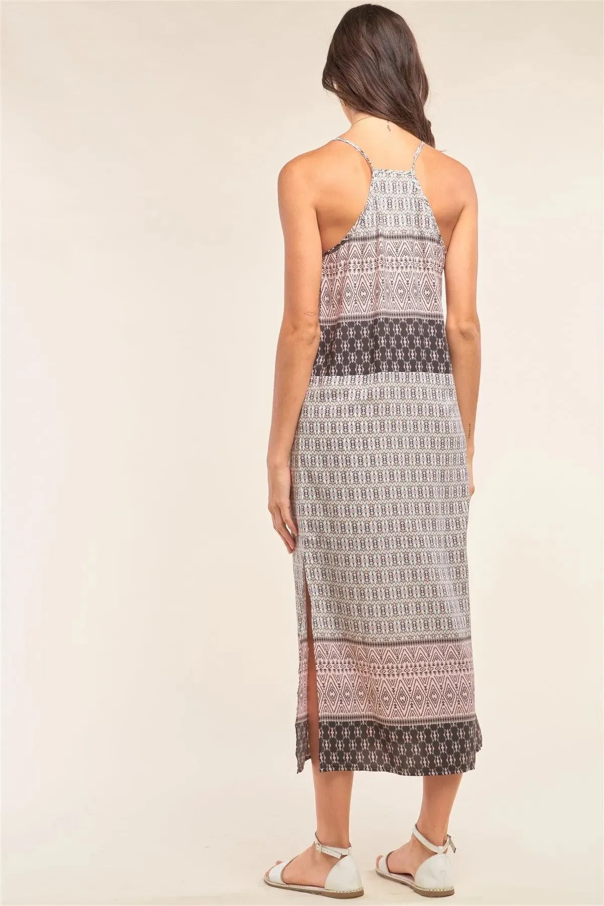 Dust Pink Tribal Print Two Side Slit Sleeveless Maxi Dress /1-3-2