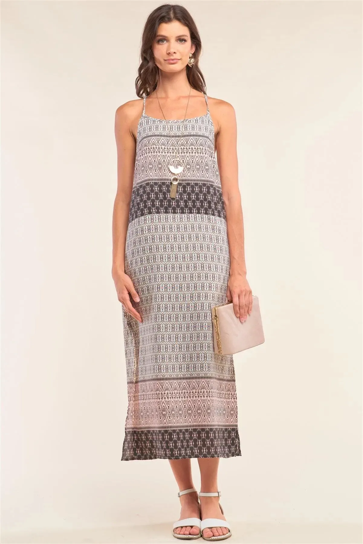 Dust Pink Tribal Print Two Side Slit Sleeveless Maxi Dress /1-3-2