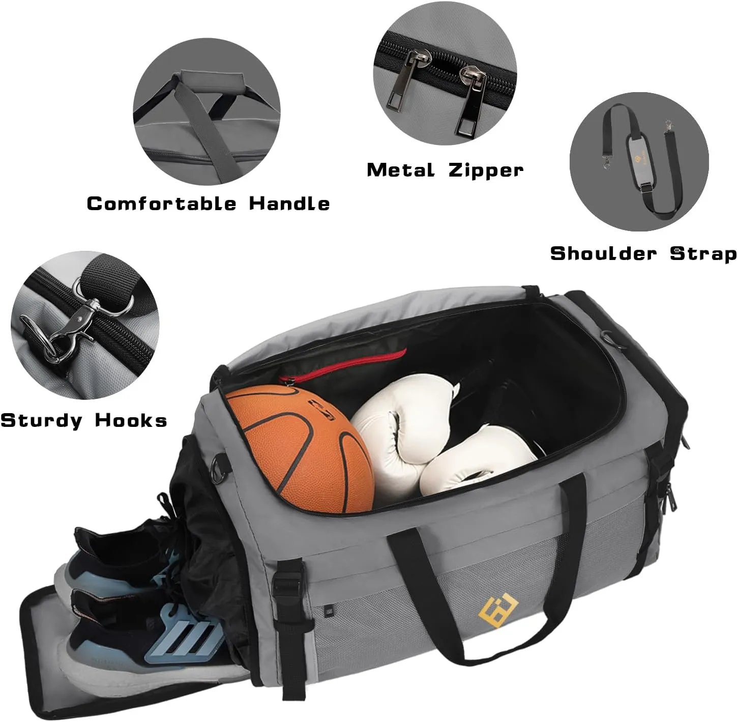 Eackrola Extra Large Sports Gym Bag, Travel Duffel bag with Wet Pocket & Shoes Compartment for men women, 85L, Lightweight Light Gray
