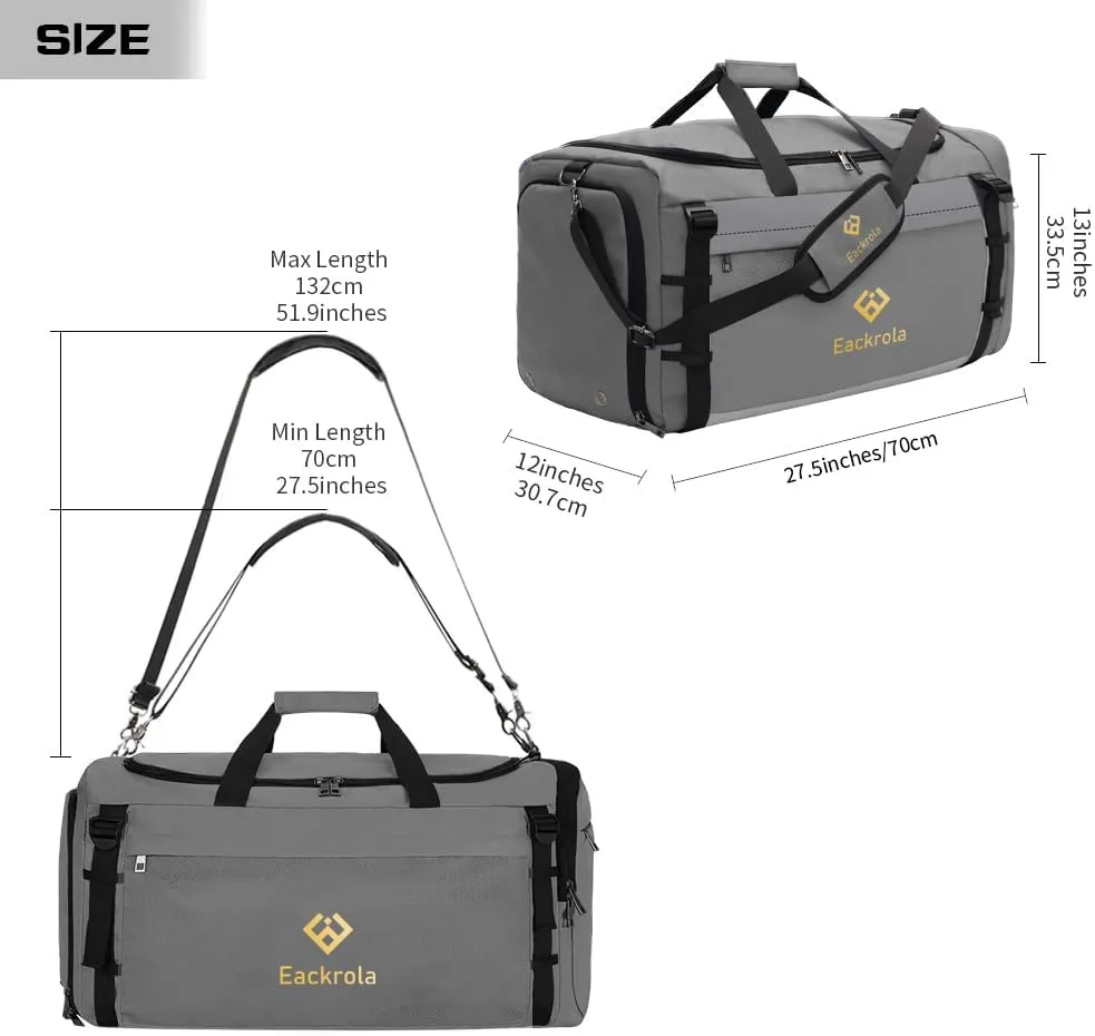 Eackrola Extra Large Sports Gym Bag, Travel Duffel bag with Wet Pocket & Shoes Compartment for men women, 85L, Lightweight Light Gray
