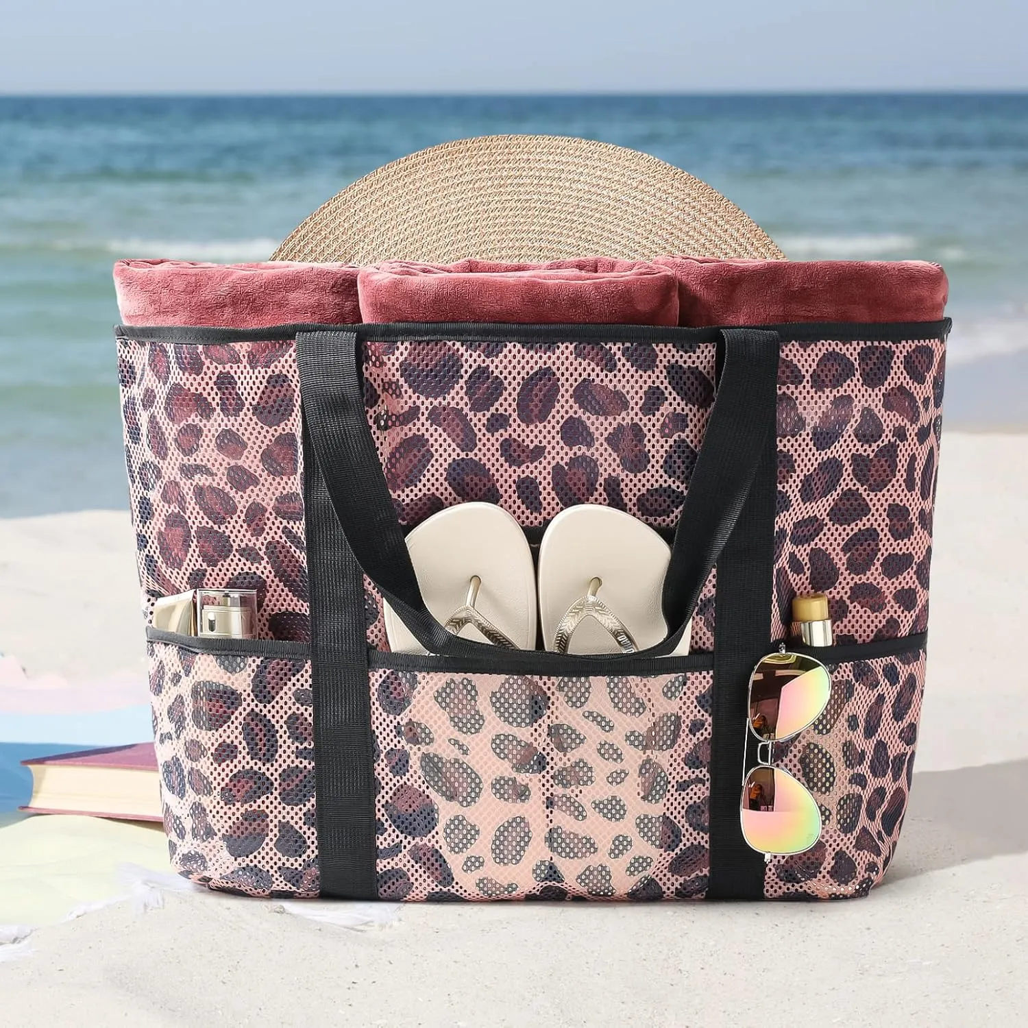 F-color Mesh Beach Bag Family - Beach Tote 9 Pockets Cruise Vacation Essentials