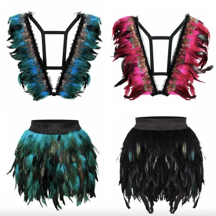 Feathers Top & Skirt Party X Rave Festival Outfit Festival Outfit