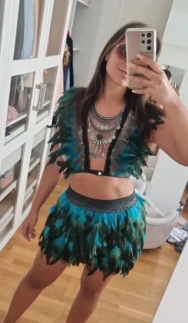 Festival Outfit Feather TOP Feather Set Outfit SKIRT Peacock Feathers Harness Costume Bohemian Gipsy Cowgirl Burning Man Bride Party Outfit