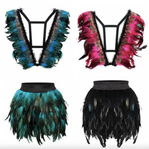 Festival Outfit Feather TOP Feather Set Outfit SKIRT Peacock Feathers Harness Costume Bohemian Gipsy Cowgirl Burning Man Bride Party Outfit