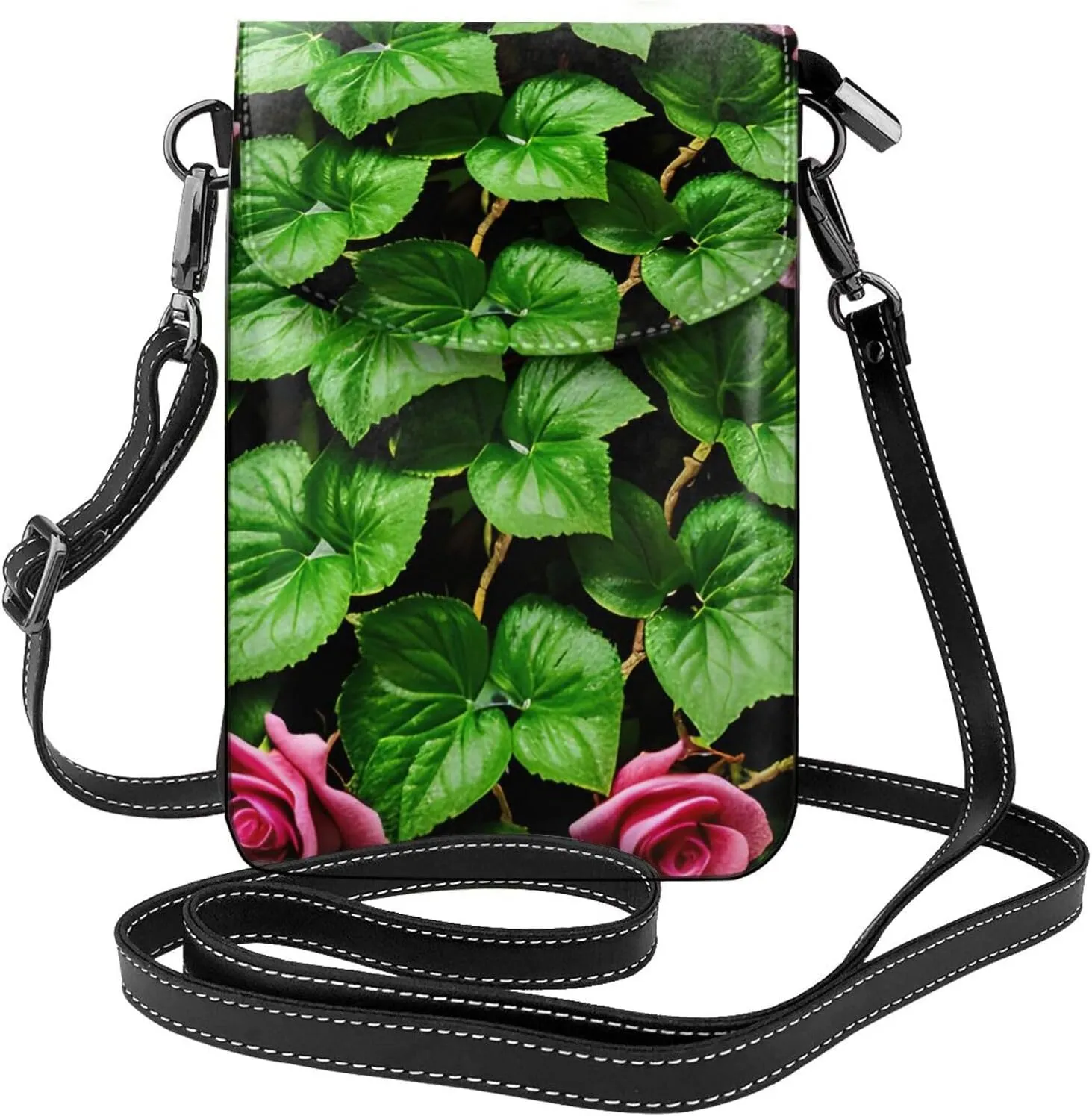 Floral Rose Ivy With Leaves Spring Print Small Cell Phone Leather Purse Adjustable Shoulder Rope Crossbody Bags For Women