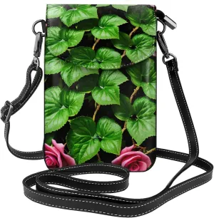Floral Rose Ivy With Leaves Spring Print Small Cell Phone Leather Purse Adjustable Shoulder Rope Crossbody Bags For Women