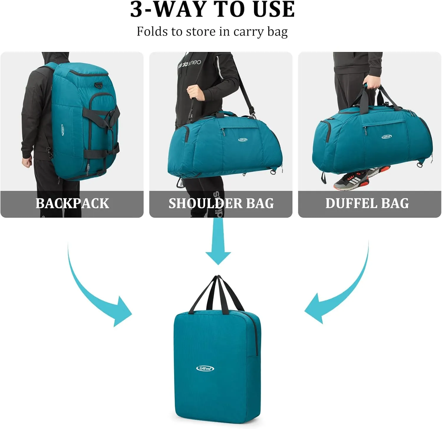 G4Free 70L Large 3-Way Duffle Backpack Gym Bag with Shoe Compartment Lightweight Waterproof Foldable Sports Duffel Bag Travel Backpack Luggage (Green)